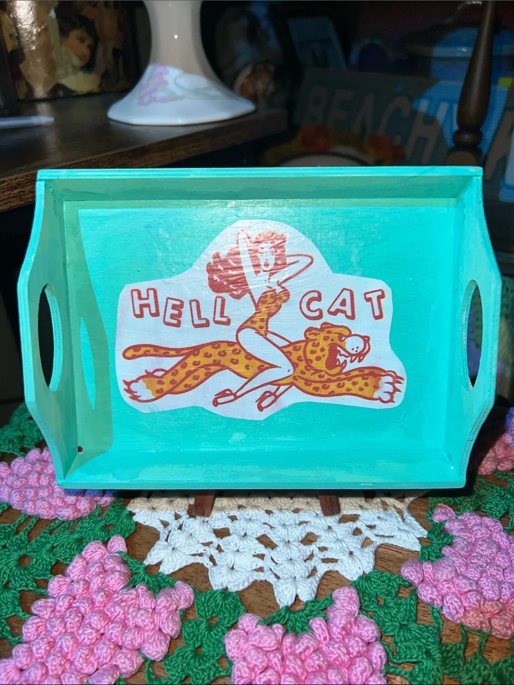 Turquoise 'Hell Cat' Decorative handpainted wood Tray